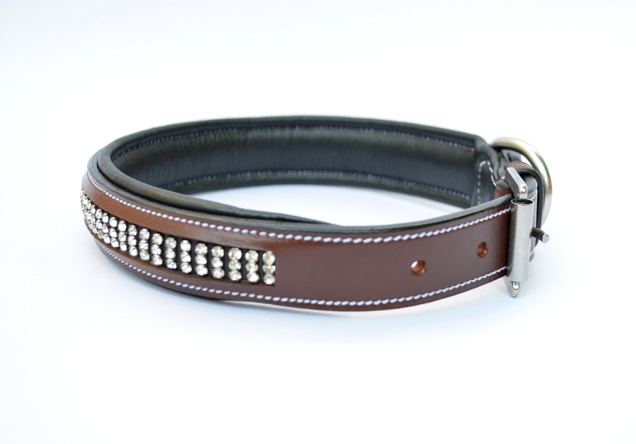 3 Row Crystal Padded Leather Dog Collar